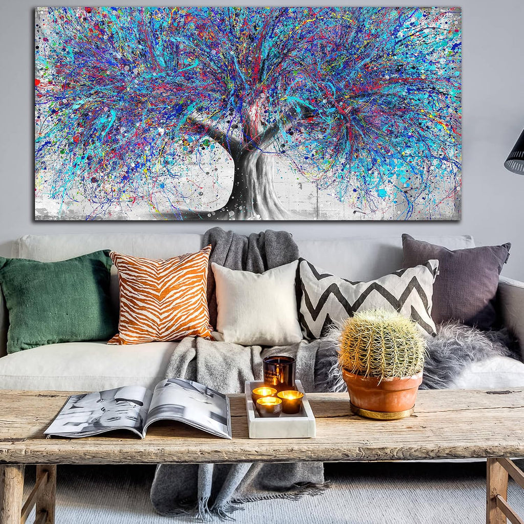 GUGIKA Large Wall Art for Living Room, Blue Tree Canvas Wall Decor for Bedroom, Graffiti Print, Blue Picture Decoration, Size 59x29 Inches