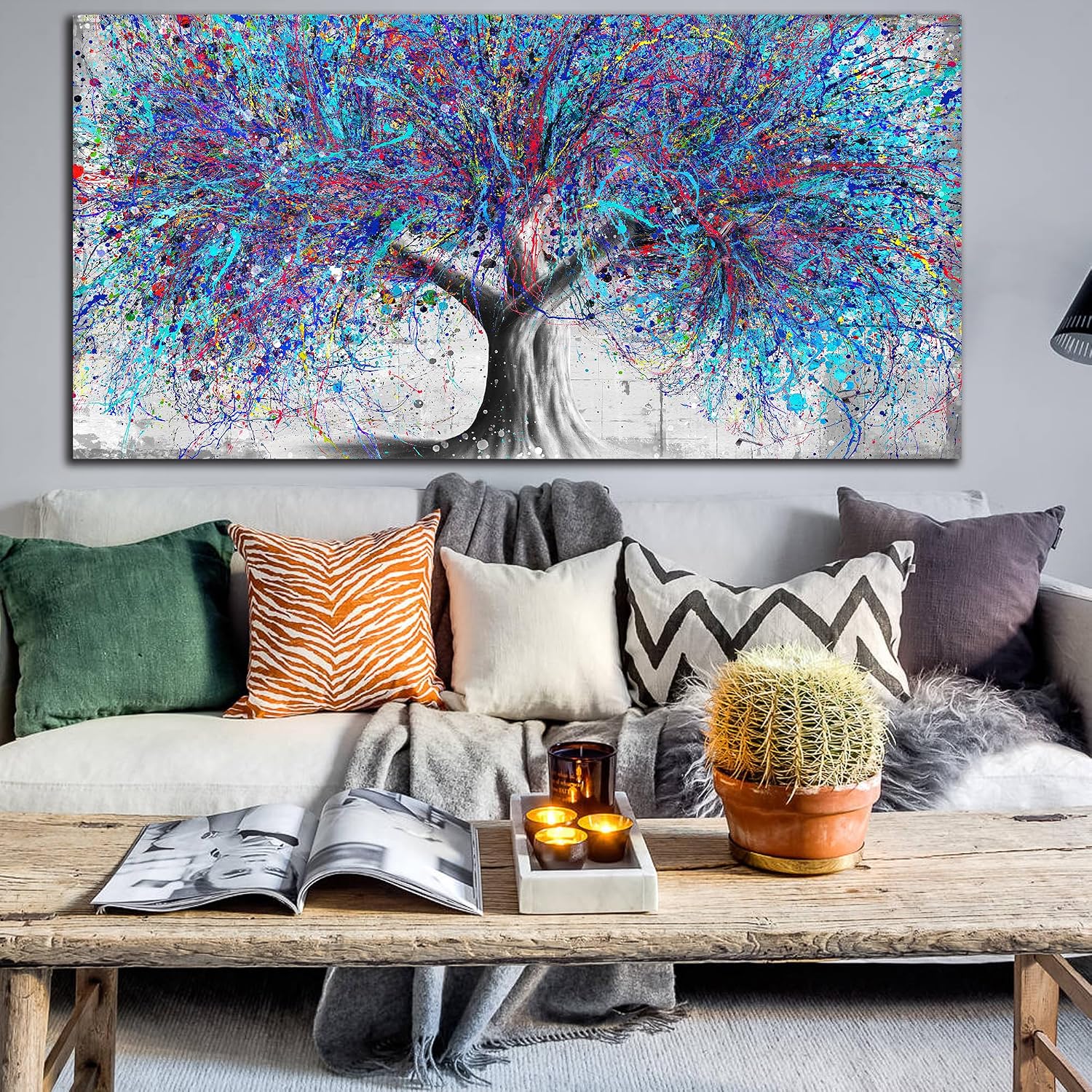 GUGIKA Large Wall Art for Living Room, Blue Tree Canvas Wall Decor for Bedroom, Graffiti Print, Blue Picture Decoration, Size 59x29 Inches