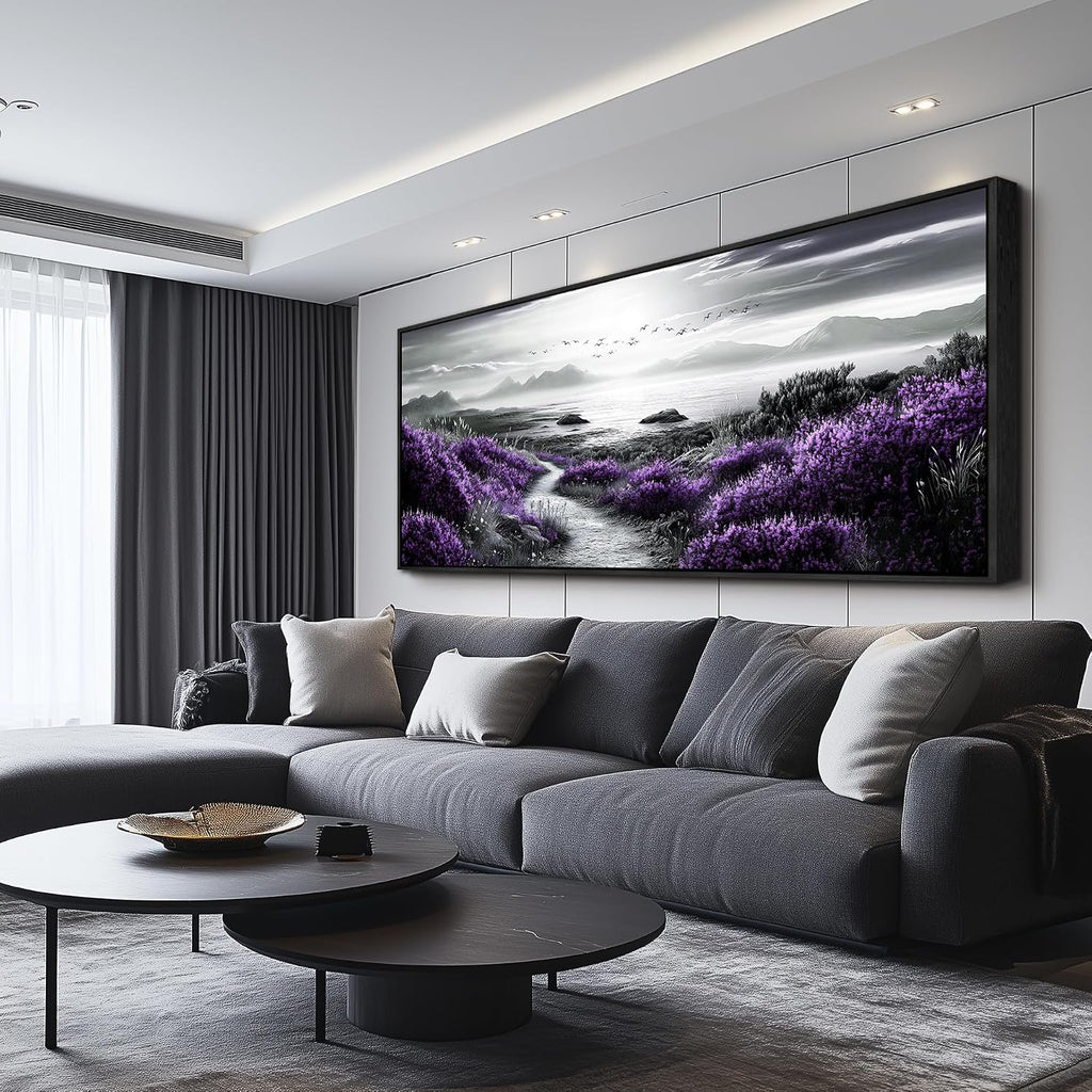 FUHAIHUA Canvas Wall Art For Living Room Wall Decor For Bedroom Office Wall Decoration Purple Flowers Landscape Painting Black And White Pictures Artwork Room Aesthetic Home Decor 32x72 In