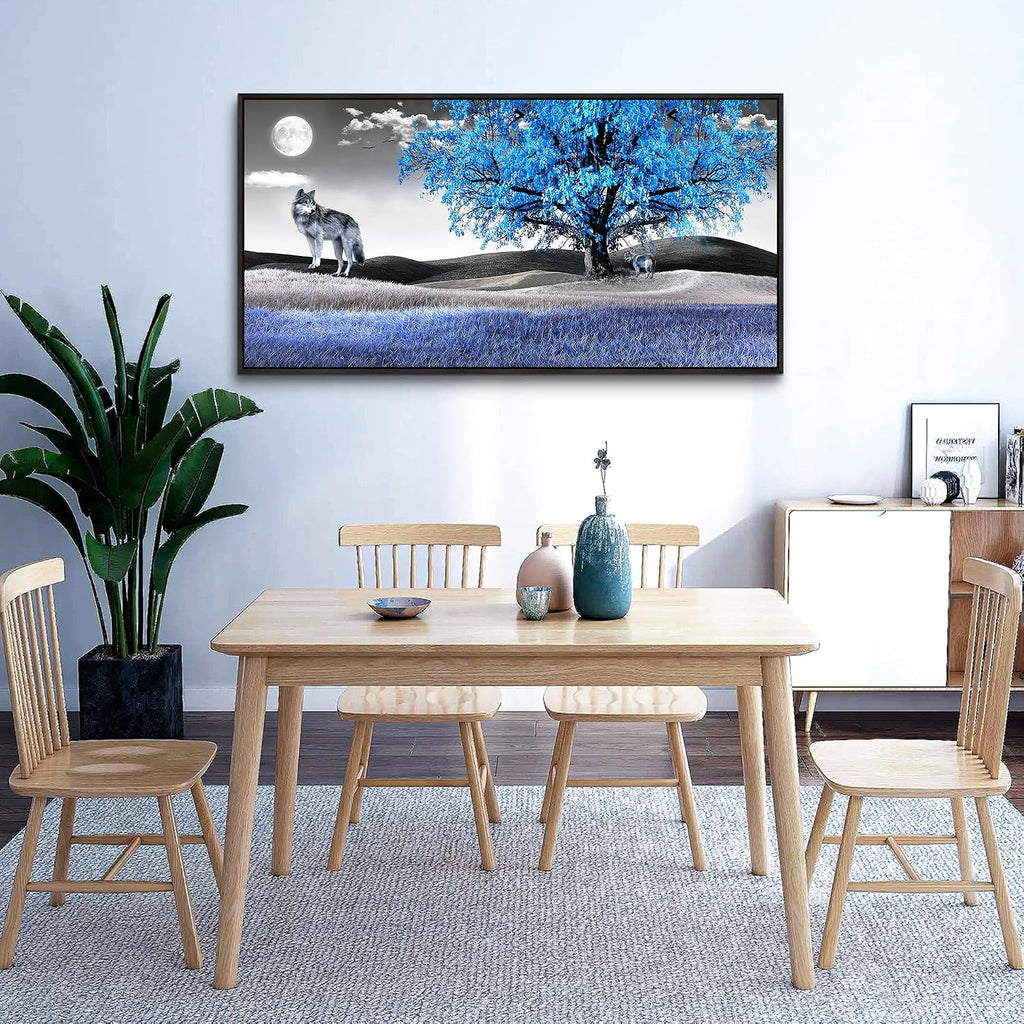 Wapluam Canvas Art Prints Wall Art For Living Room Large Wall Decor For Bedroom Modern Office Decorations Blue Tree and Wolfs Wall Pictures Black And White Paintings Room Black Framed Home Artwork