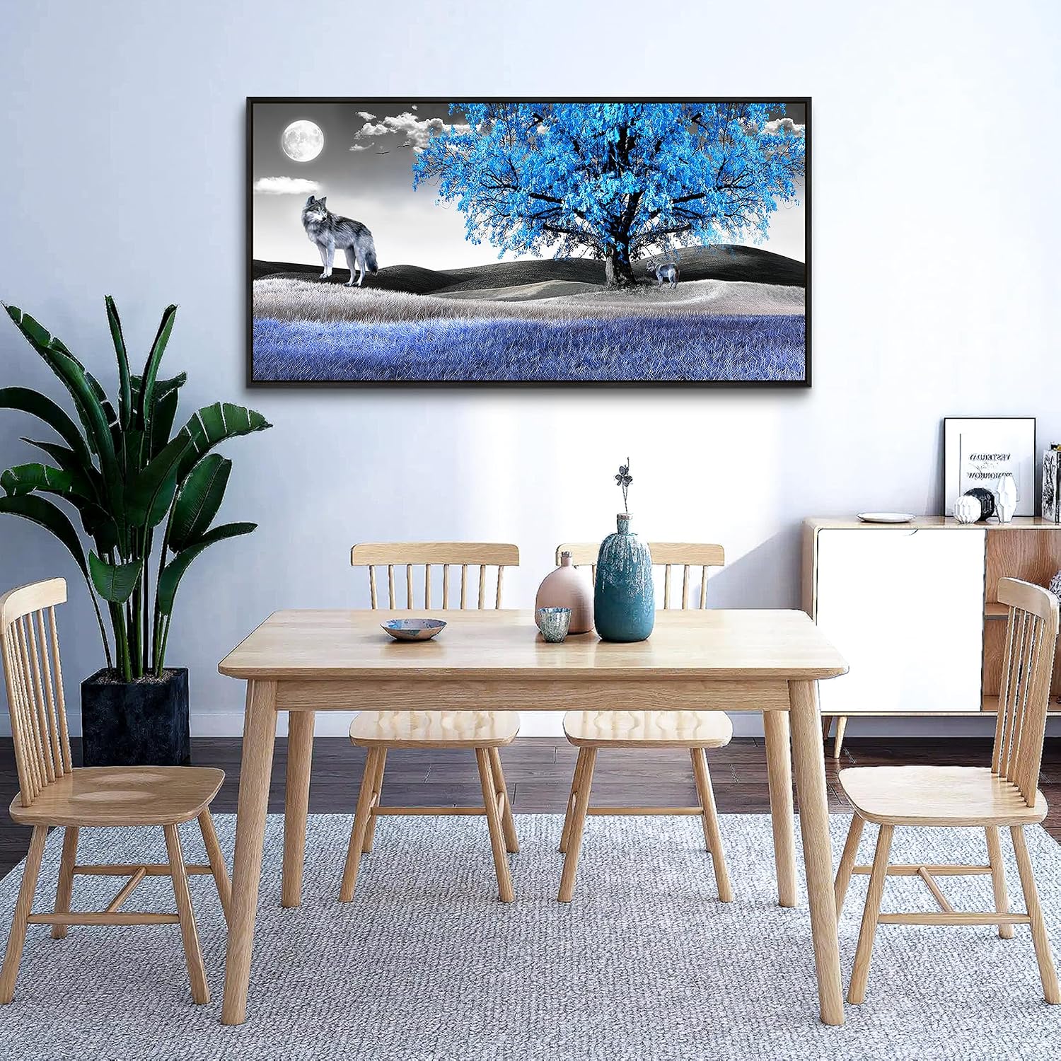 Wapluam Canvas Art Prints Wall Art For Living Room Large Wall Decor For Bedroom Modern Office Decorations Blue Tree and Wolfs Wall Pictures Black And White Paintings Room Black Framed Home Artwork