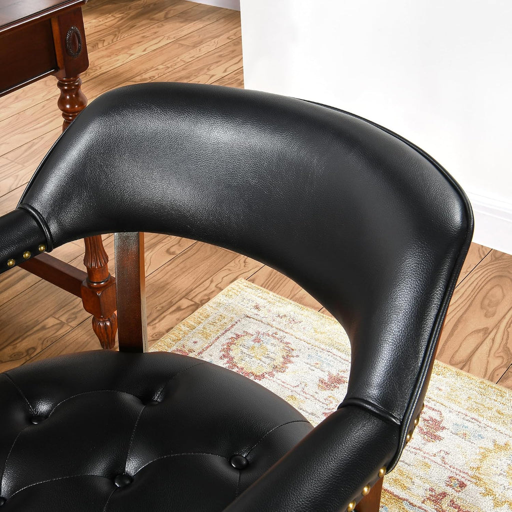 Set of 2 Solid Wood Dining Chairs with Upholstered,Office Desk Chair with Arms. Faux Leather Boss Captain's Chairs,Classic Accent Chairs for Living Room Cherry Walnut Legs & Black NX173D