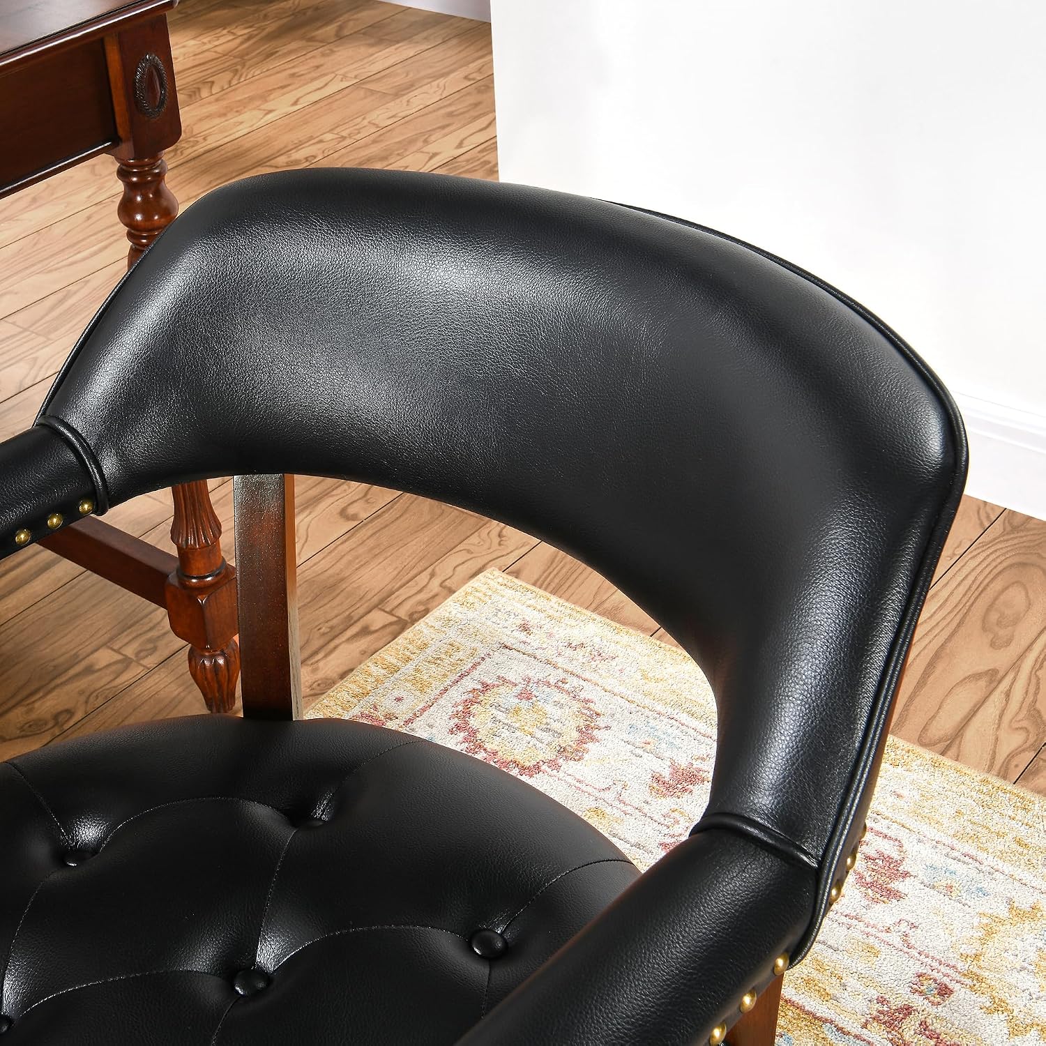 Set of 6 Solid Wood Dining Chairs with Upholstered,Office Desk Chair with Arms. Faux Leather Boss Captain's Chairs,Classic Accent Chairs for Living Room Cherry Walnut Legs & Black NX173D
