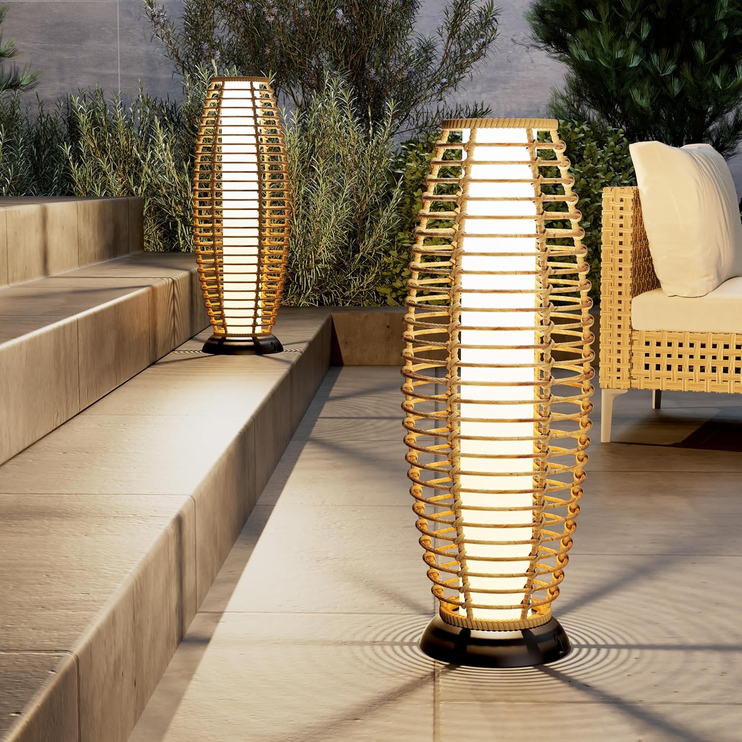 Solar Yard Outdoor Floor Lamp 2-Pack Solar Lights Solar Powered Lantern Weather-Resistant Wicker Deck Lights, Lamp Large for Patio Garden (Austin Natural Brown, 2PCS)
