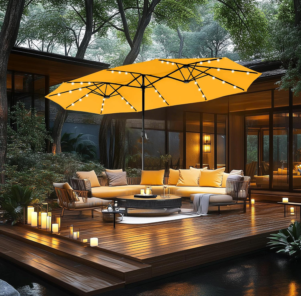 MFSTUDIO 15ft Double Sided Patio Umbrella with Solar Lights, Outdoor Large Umbrellas with Crank Handle and 36 LED Lights, Rectangular Market Umbrella with Base Included for Deck Pool, Gold Yellow