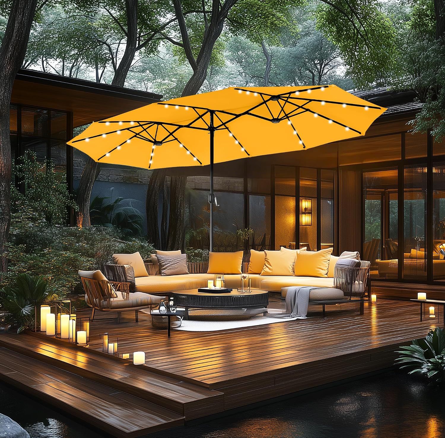 MFSTUDIO 15ft Double Sided Patio Umbrella with Solar Lights, Outdoor Large Umbrellas with Crank Handle and 36 LED Lights, Rectangular Market Umbrella with Base Included for Deck Pool, Gold Yellow