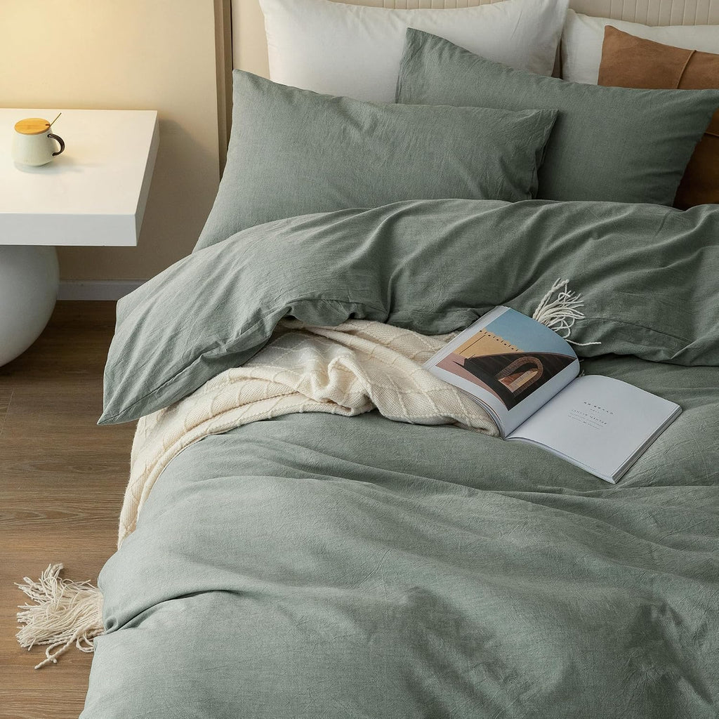 JIYUAN Alaska King Duvet Cover Set, 3-Piece - 100% Washed Cotton, Linen-Like Soft & Breathable with Zipper Closure, Includes 132x120 Inch Cover & 2 Pillowcases, Heathered Green