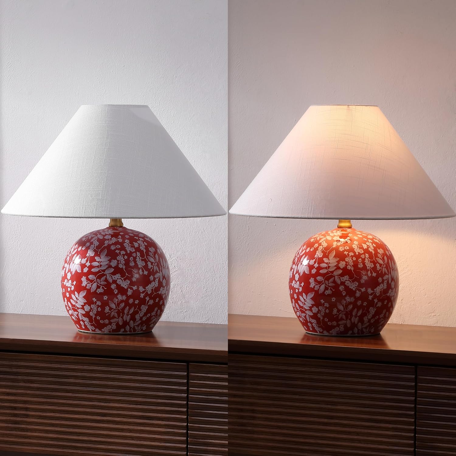 JONATHAN Y 17.25' Red/White Modern Cottage Floral Ceramic Globe Table Lamp for Bedroom, White Linen Shade, LED Bulb Included, French Country Home Decor (JYL5508B)