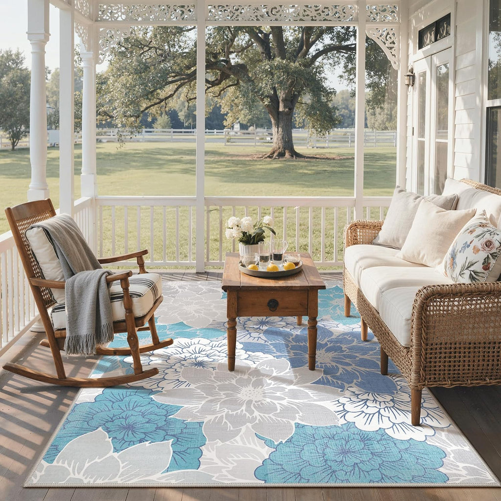 GENIMO Indoor Outdoor Area Rug 9'x12', Machine Washable Rugs for Patio, Waterproof, Non-Slip Easy Cleaning Floral Outdoor Mat Carpet for Living Room, Bedroom, RV, Balcony, Deck, Camping, Light Blue