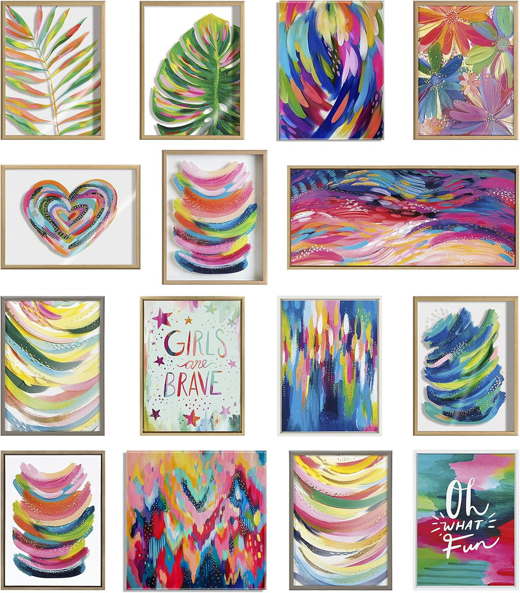 Kate and Laurel Sylvie Brushstroke and Bright Abstract Framed Canvas Wall Art Set by Jessi Raulet of Ettavee; Set of 3; two 16x20 and one 23x33 Natural Finish Frames; Colorful Modern Home Décor