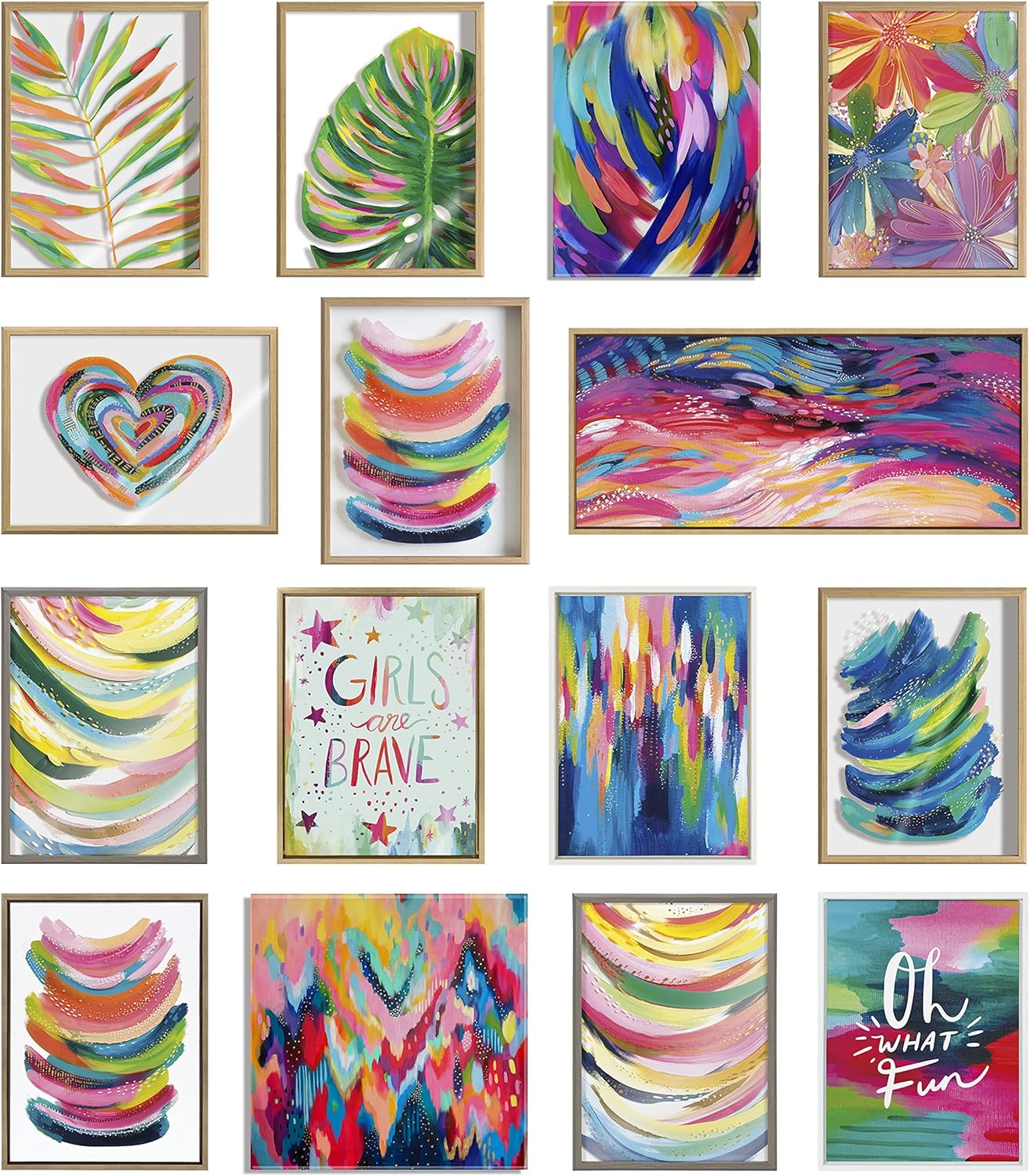 Kate and Laurel Sylvie Brushstroke and Bright Abstract Framed Canvas Wall Art Set by Jessi Raulet of Ettavee; Set of 3; two 16x20 and one 23x33 Natural Finish Frames; Colorful Modern Home Décor