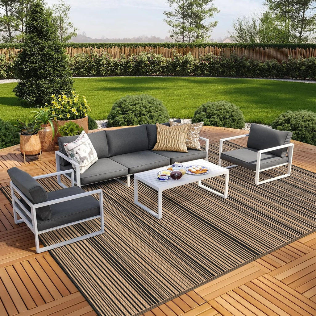 GENIMO Outdoor Rug 10x14 ft Waterproof, Reversible Plastic Straw Patio Rug for RV Camping Mat, Deck, Backyard Balcony Mat - Lightweight & Easy to Clean, BlackBrown