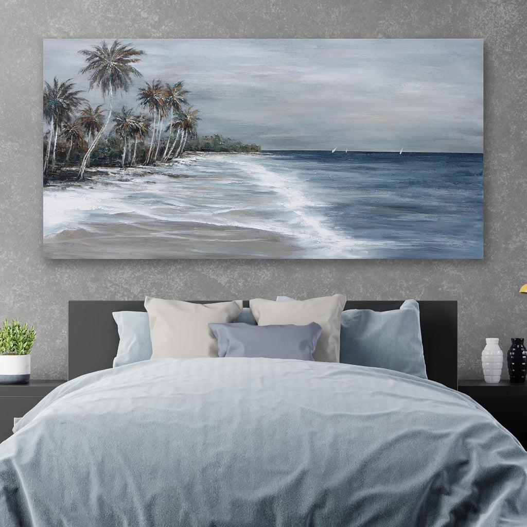 Coastal Wall Art Blue Gray Beach Wall Decor Landscape Abstract Canvas Painting Modern Ocean Artwork Framed for Living Room Bedroom Bathroom Office Decor 58'x29'Can Be Hung Directly