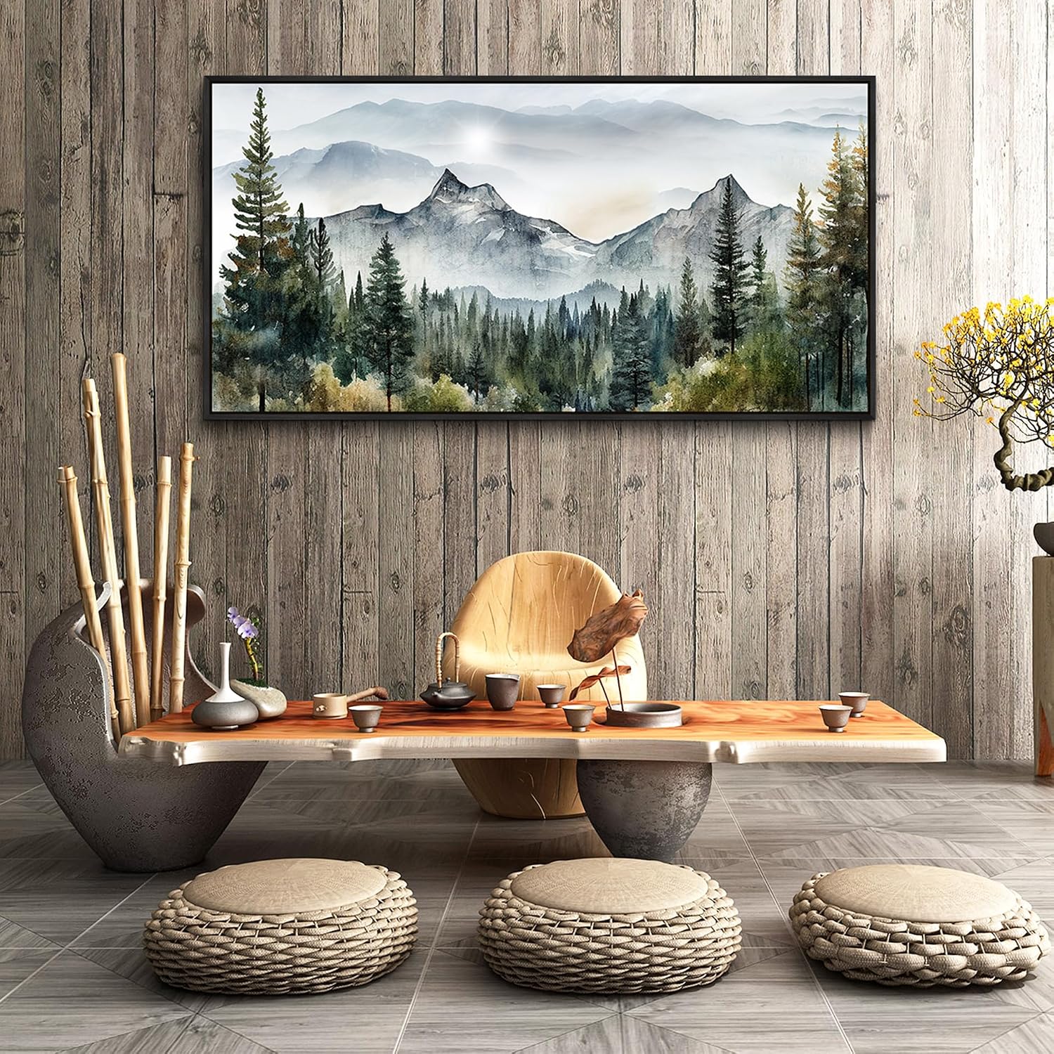 Wapluam Large Canvas Wall Decor For Living Room Bedroom - Modern Office Wall Art - Abstract Mountain Landscape - Stretched And Framed - Ready To Hang - Black Framed
