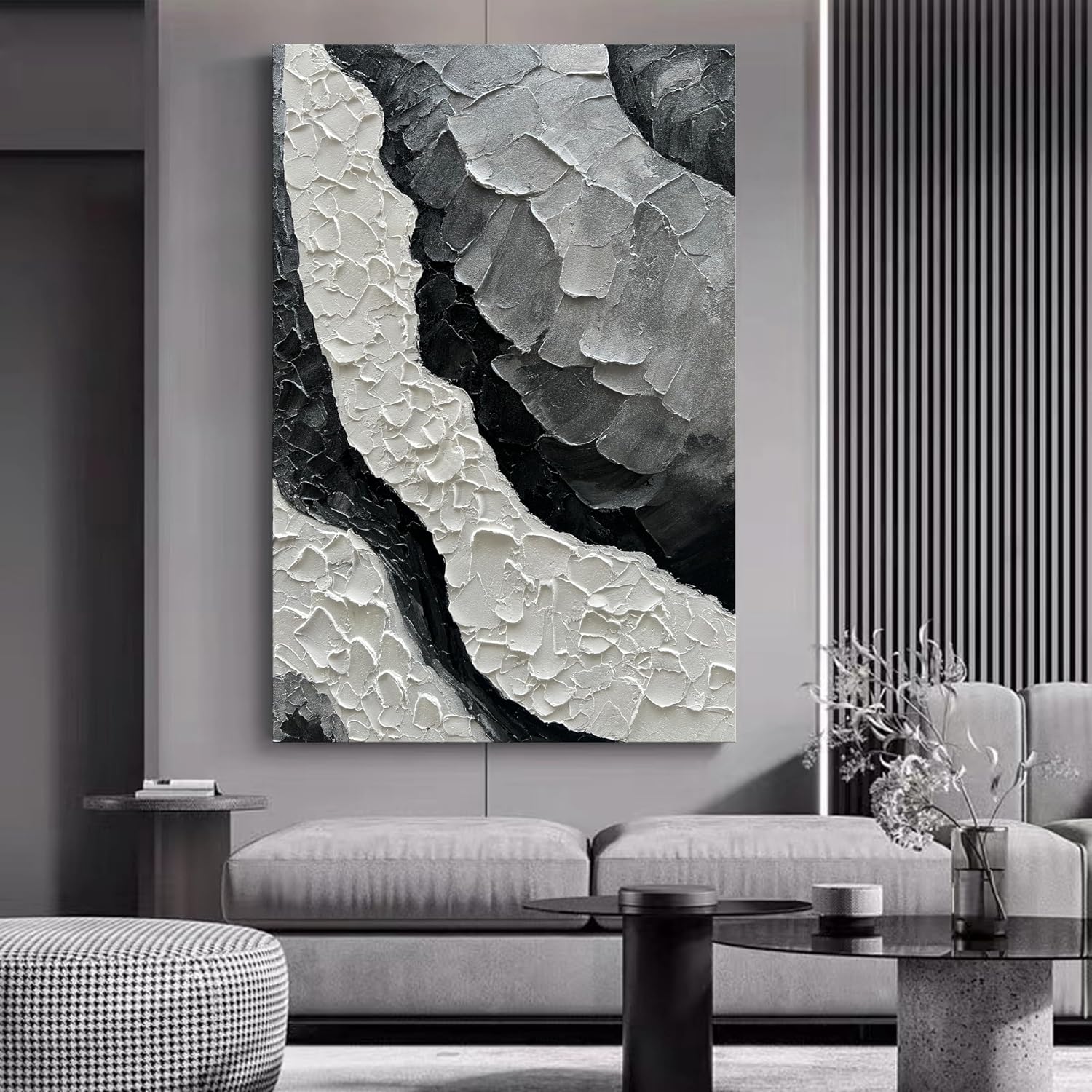 NANKAI Art Hand-Painted Thick Texture Black and White Minimalist Oil Painting 45x30 inch Large Office Corridor Living Room Wall Decorative Art Painting