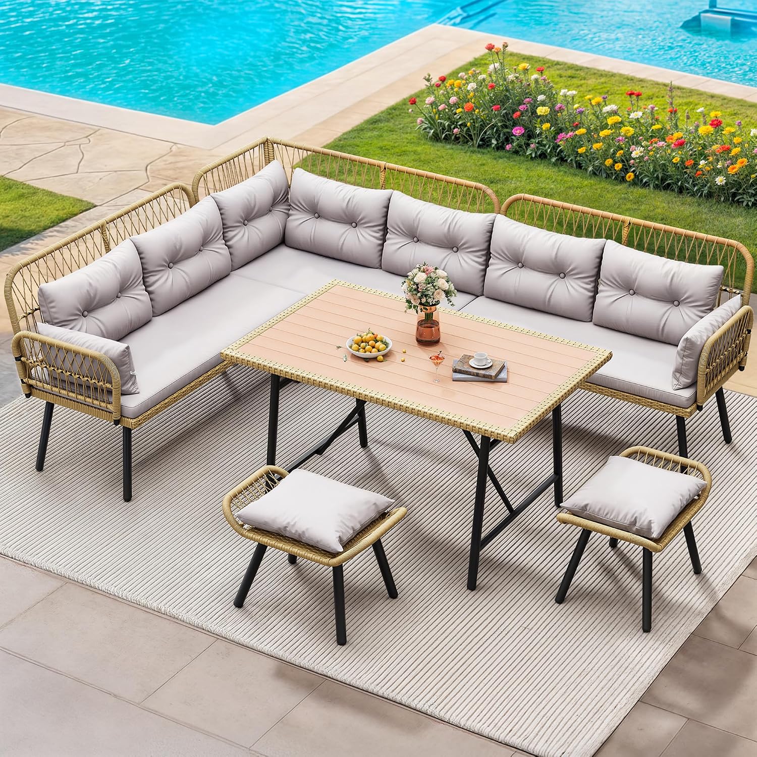 YITAHOME Patio Wicker L-Shaped Furniture Set, All-Weather Rattan Outdoor Conversation Sofa Set for Backyard Deck with Soft Cushions,Ottomans and Wood-Like Dining Table, Light Brown+Gray