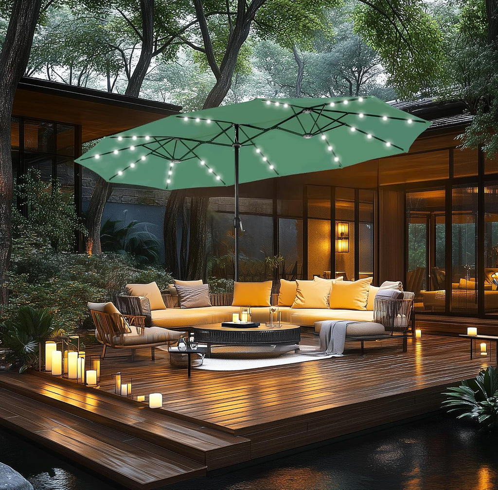 MFSTUDIO 15ft Double Sided Patio Umbrella with Solar Lights, Outdoor Large Umbrellas with Crank Handle and 36 LED Lights, Rectangular Market Umbrella with Base Included for Deck Pool Shade, Mint Green