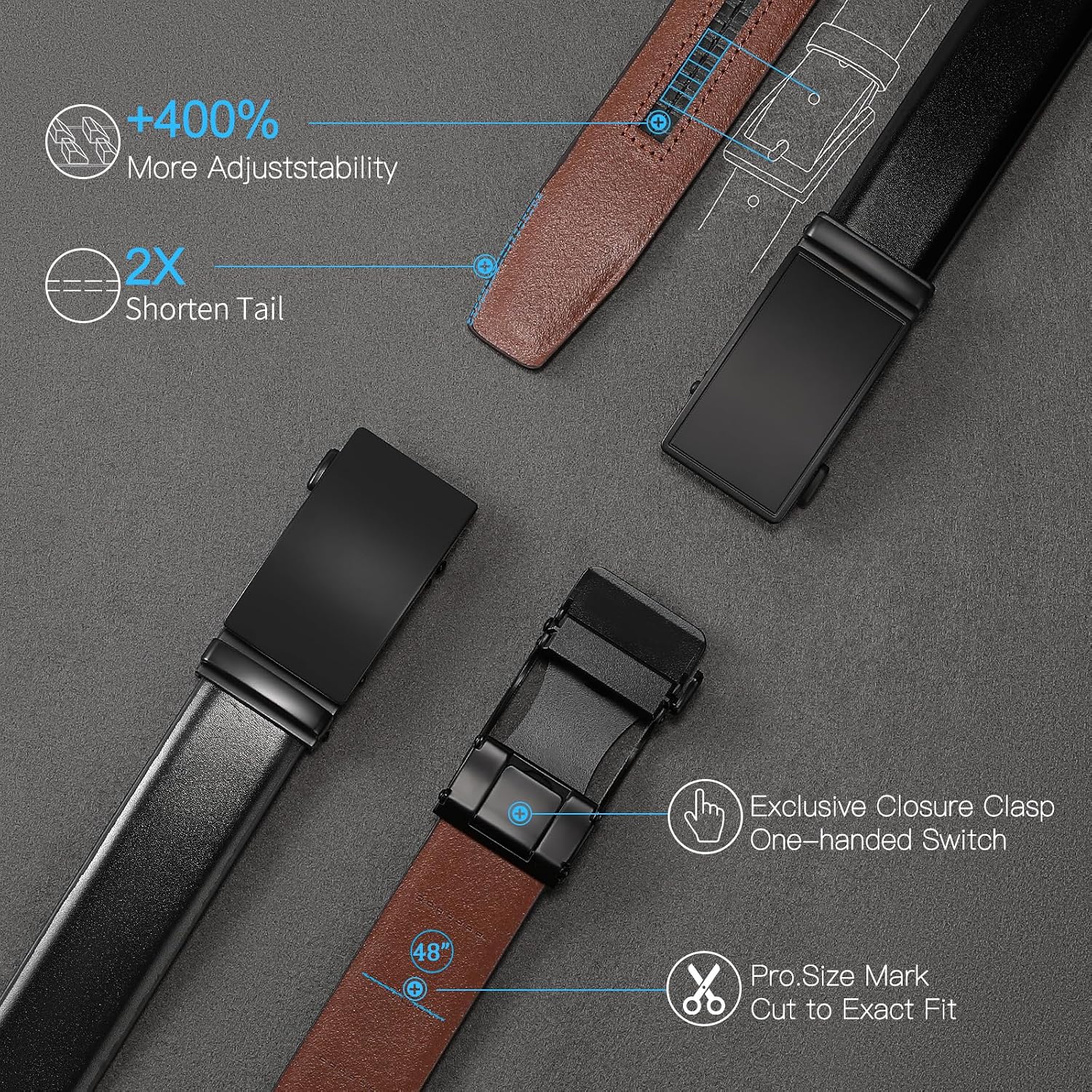 Men's Black Genuine Leather Belts, Automatic Ratchet Buckle Belt, Dress Casual, Trim to Fit, Gift Box