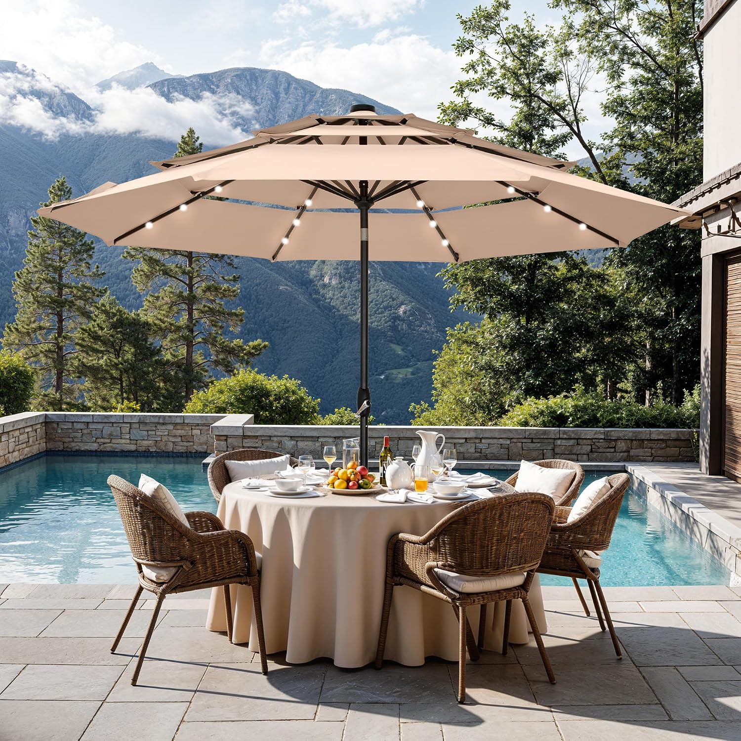 Sophia & William 10ft Patio Umbrellas 3-Tier Umbrella Outdoor Patio Umbrellas with Lights Vented Top 24 LED lights Adjustable Tilt for Pool Garden Backyard, Beige