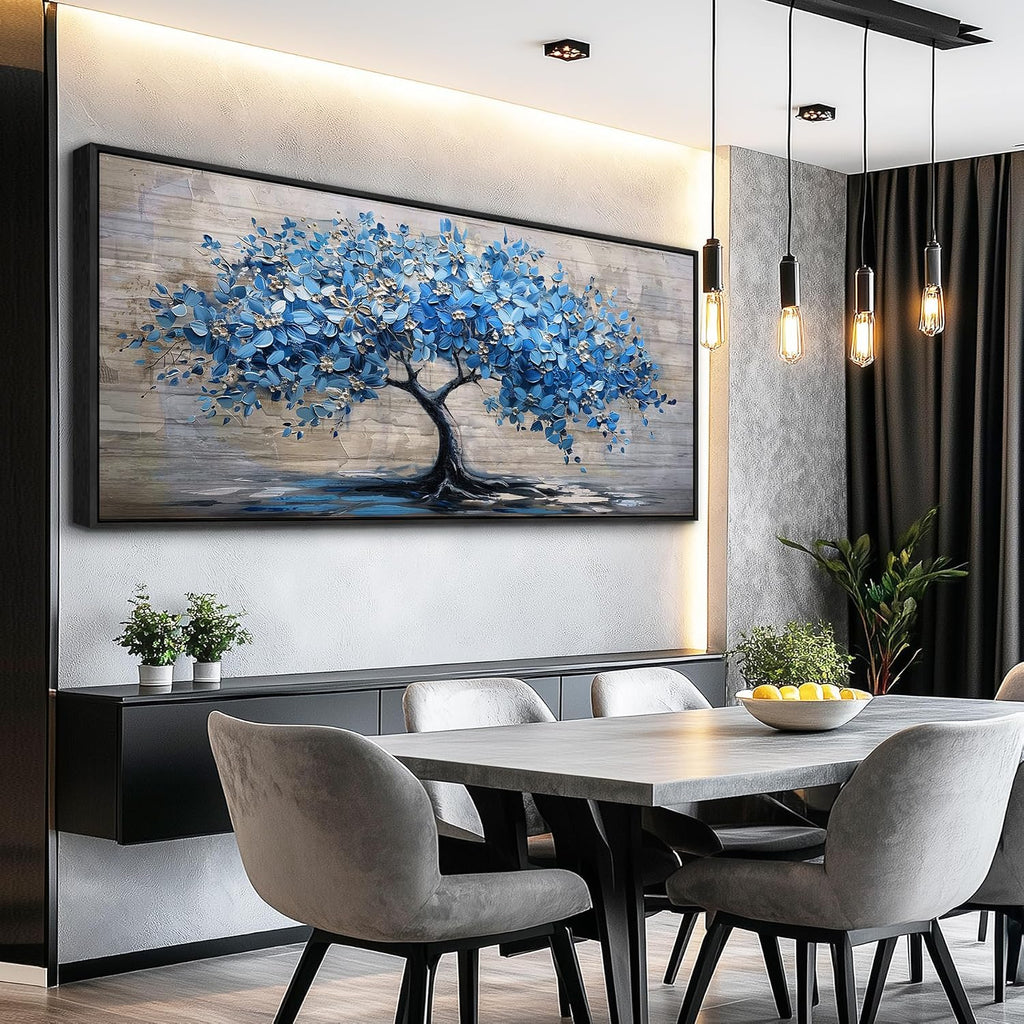 ERQINHUA Large Canvas Blue Tree Printed Painting Wall Decor For Living Room Office Wall Art For Bedroom Abstract Farmhouse Restaurant Mural Artwork Picture Home Decoration Black Framed 32x72 In