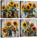 Rustic Sunflower Canvas Wall Art Farmhouse Kitchen Wall Decor Dining Room Picture Vintage Bouquet Posters Prints for Wall Paintings Sunshine Floral Artwork Autumn Home Decorations 24x24' 4Pcs/Set