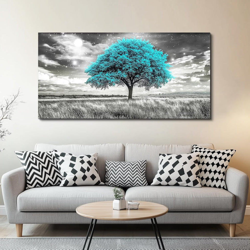 KELIYUAN Large Canvas Wall Art For Living Room Wall Decor For Bedroom Corridor Blue Tree Natural Scenery Full Of Stars Black And White Modern Printing Dining Room Kitchen Home Decoration 30 'X 60'