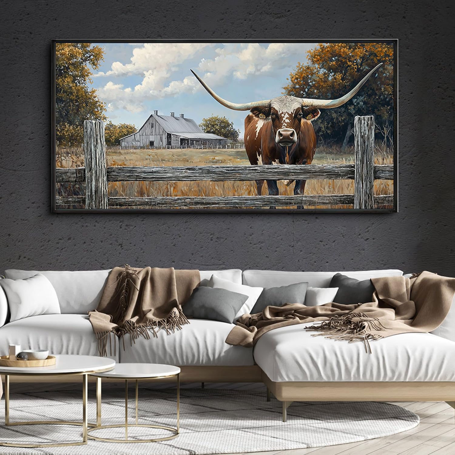 XLSJERST Rustic Wall Decor Poster 58x29 Inches - Longhorn Picture Farm Artwork Canvas Picture Brown Cow Wall Art for Living Room Guest Bath Decoration