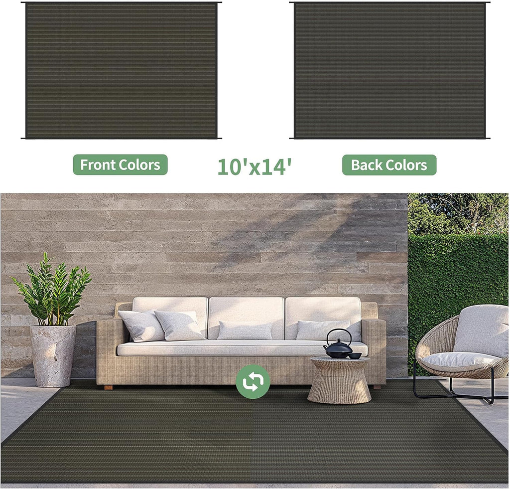 GENIMO Outdoor Rug 10x14 ft Waterproof, Reversible Plastic Straw Patio Rug for RV Camping Mat, Deck, Backyard Balcony Mat - Lightweight & Easy to Clean, Black & Brown