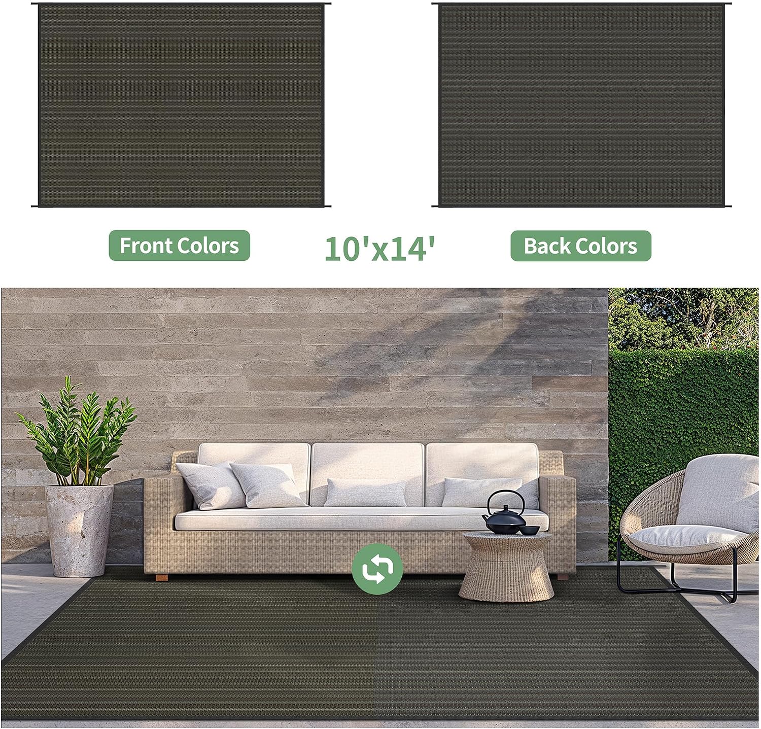 GENIMO Outdoor Rug 10x14 ft Waterproof, Reversible Plastic Straw Patio Rug for RV Camping Mat, Deck, Backyard Balcony Mat - Lightweight & Easy to Clean, Black & Brown