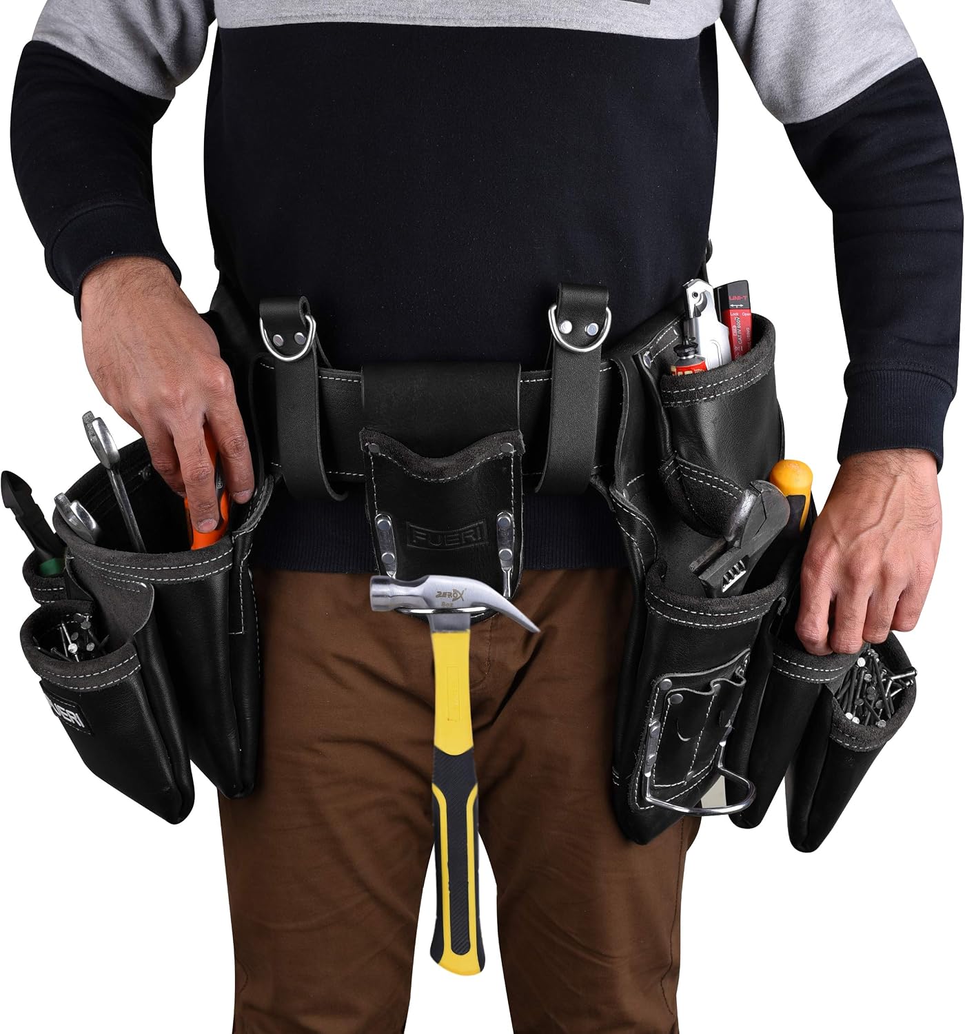 FUERI Leather Tool Belts for Men, Heavy-Duty Durable Carpenter Tool Rig Organizer With 19 Pockets-2 Pouches, Double Hammer Holder, Suspender Loops, And A Foam-Padded Belt for Framers, And Electricians