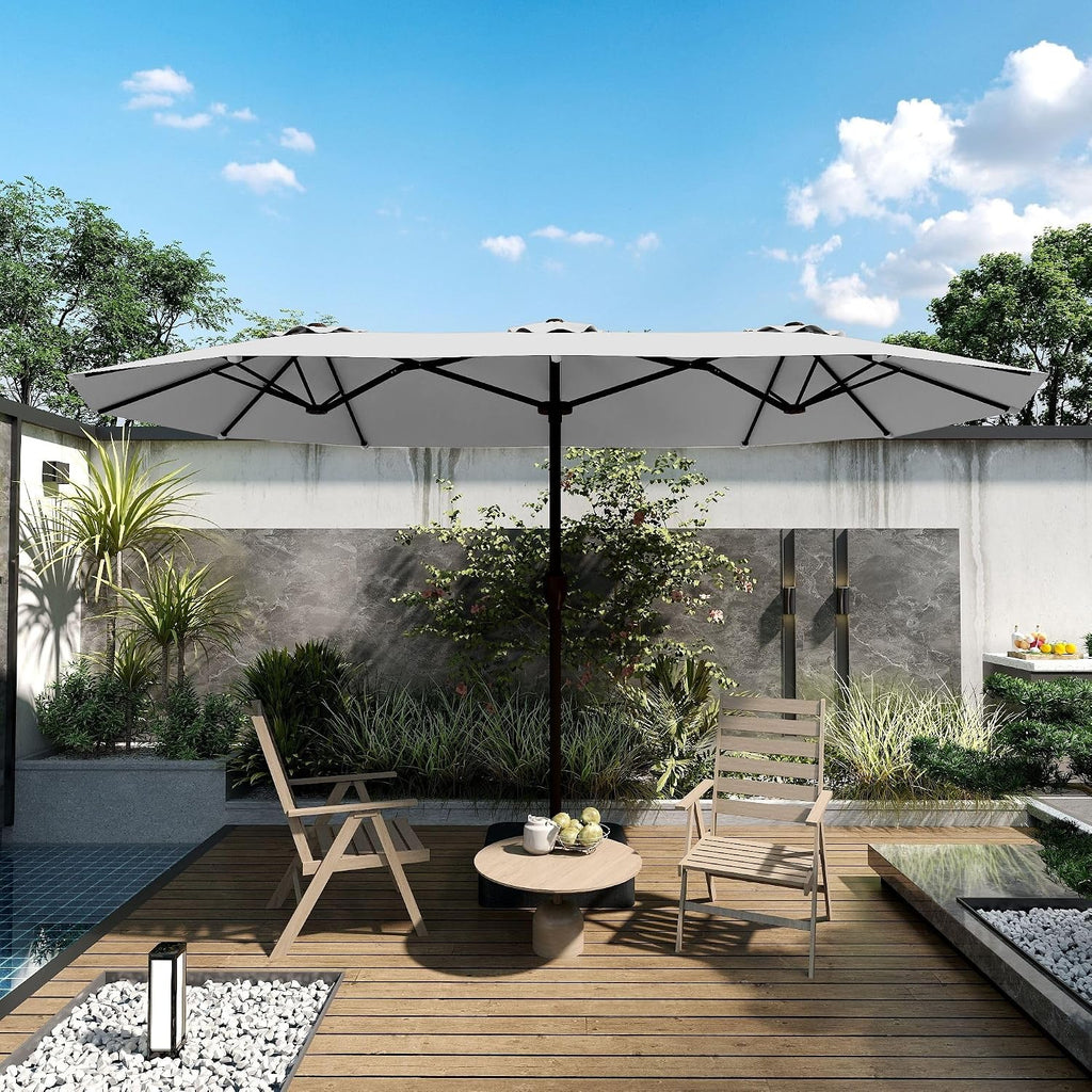 Kingdura 15ft Large Patio Umbrella with Base Included, Double-Sided Rectangle Outdoor Table Umbrella with 12 Reinforced Ribs, Crank Lift for Market Pool Deck Backyard, Light grey