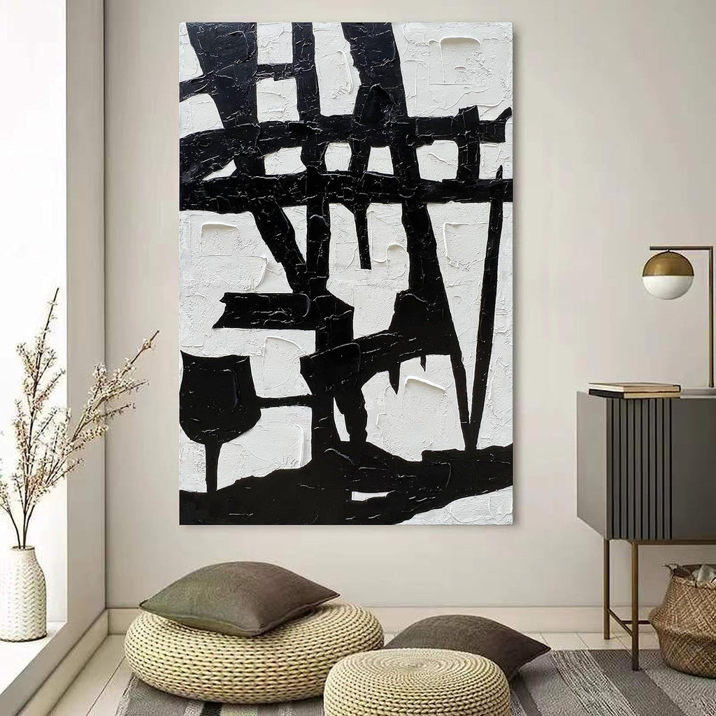 NANKAI Hand-Painted Black and White Wall Art Minimalist Black and White Abstract Painting Large Oil on Canvas Texture Wall Art 45x30 inches