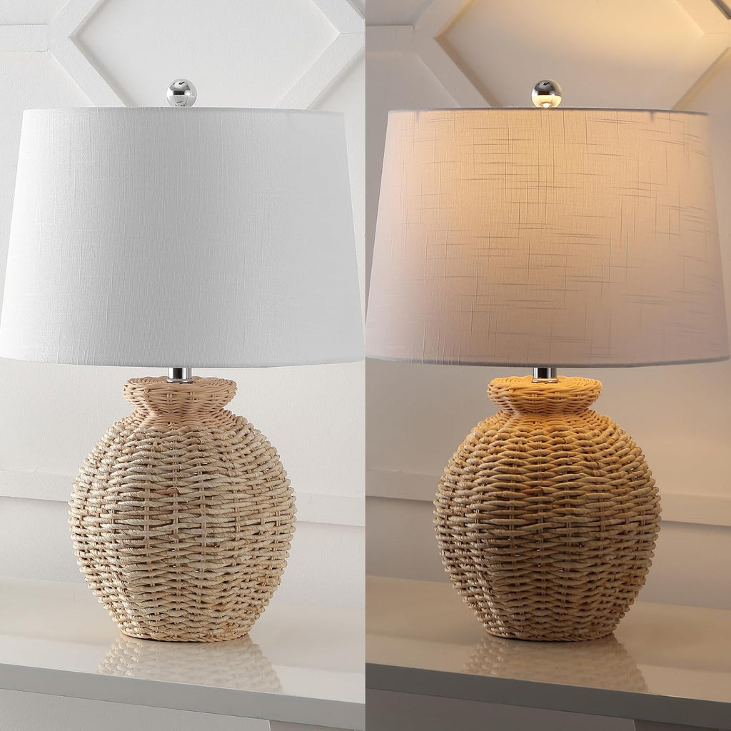 JONATHAN Y 22' Brown Rattan Rustic Coastal Table Lamp Set of 2, Woven Wicker Globe Base with White Linen Shade for Living Room Bedroom, UL Listed, LED Bulbs Included JYL4050A-SET2