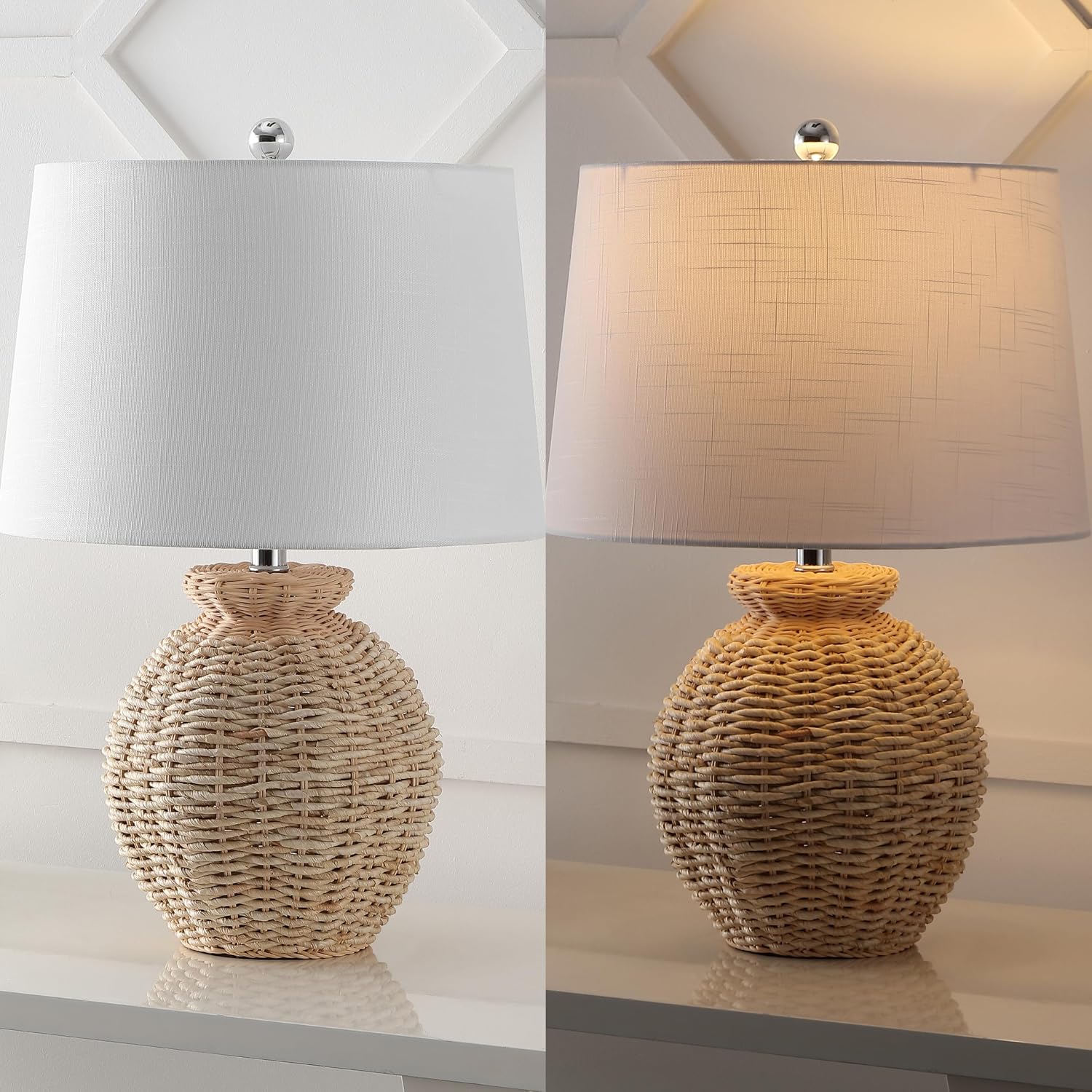 JONATHAN Y 22' Brown Rattan Rustic Coastal Table Lamp Set of 2, Woven Wicker Globe Base with White Linen Shade for Living Room Bedroom, UL Listed, LED Bulbs Included JYL4050A-SET2