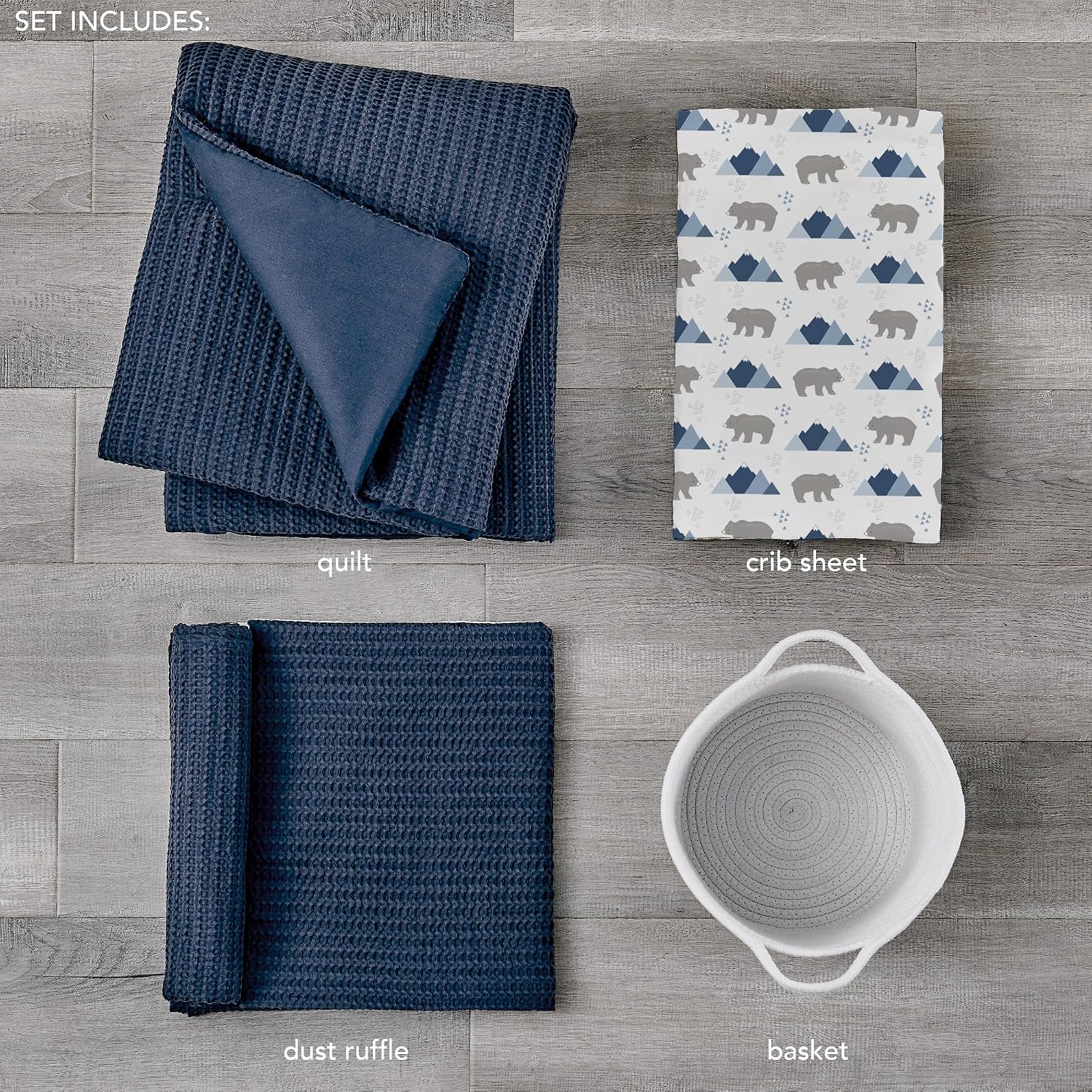 Levtex Baby - Mills Waffle Crib Bed Set - Baby Nursery Set - Navy - Navy Textured Waffle - 4 Piece Set Includes Quilt, Fitted Sheet, Dust Ruffle and Rope Basket