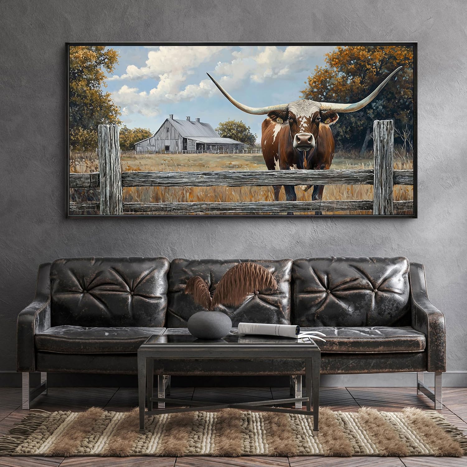 XLSJERST Rustic Wall Decor Poster 58x29 Inches - Longhorn Picture Farm Artwork Canvas Picture Brown Cow Wall Art for Living Room Guest Bath Decoration