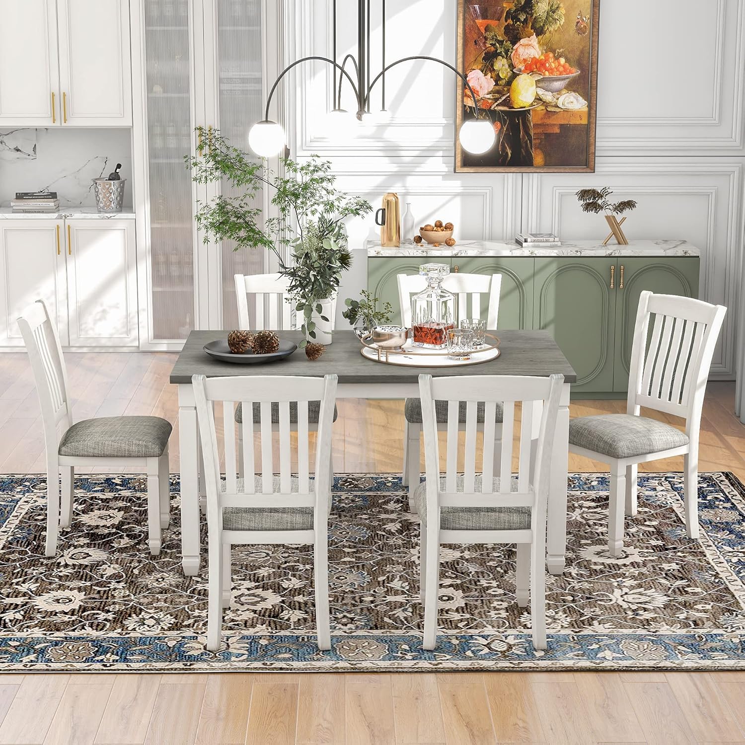 Neoclassical Solid Wood Dining Table Set of 7, Kitchen Dining Room Table Set, 60' Rectangle Dining Room Table with 6 Upholstered Chairs and Shaped Legs, Family Dining Kitchen Set for 6