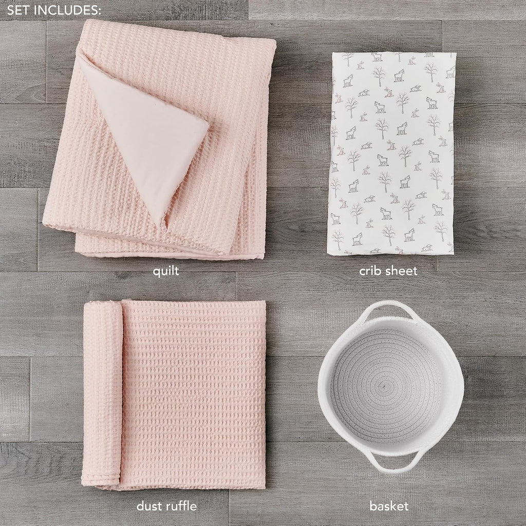 Levtex Baby - Mills Waffle Crib Bed Set - Baby Nursery Set - Blush Pink - Blush Pink Textured Waffle - 4 Piece Set Includes Quilt, Fitted Sheet, Dust Ruffle and Rope Basket