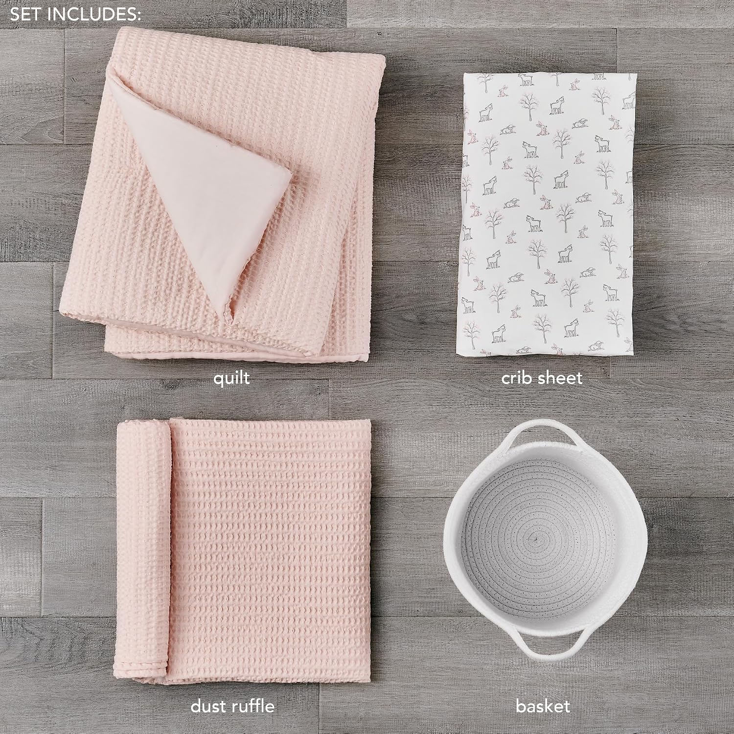 Levtex Baby - Mills Waffle Crib Bed Set - Baby Nursery Set - Blush Pink - Blush Pink Textured Waffle - 4 Piece Set Includes Quilt, Fitted Sheet, Dust Ruffle and Rope Basket