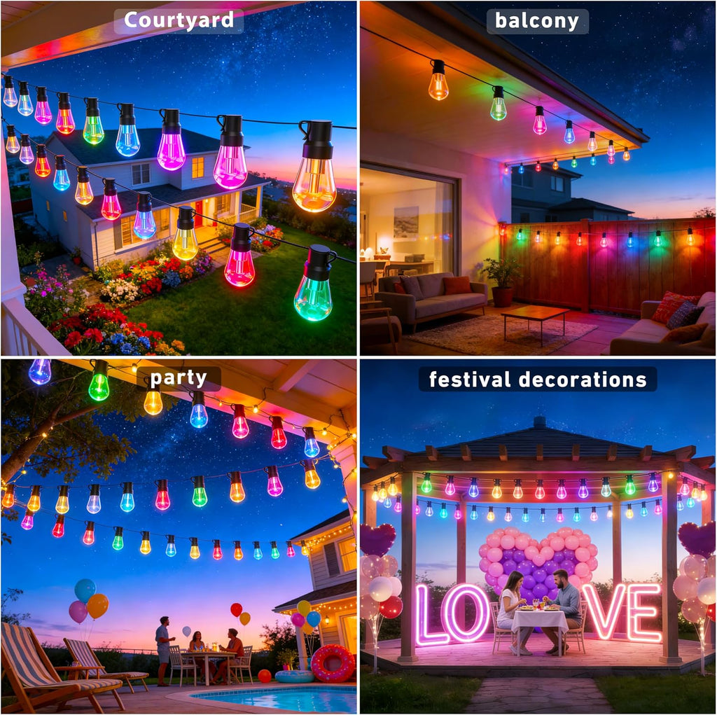 AHRLHR 300FT RGB+IC Outdoor String Lights,Outside Light Dimmable Shatterproof LED Bulbs,Balcony, Outdoor Living， IP67 Waterproof Chasing Effect Lighting DreamColor Patio Strip Lights for Backyard