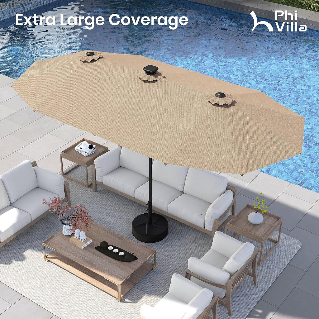 PHI VILLA 13ft Patio Umbrella with Solar-Powered 120 PCS LED Color-Changing Lights, Triple-Head Large Rectangle Umbrella Outdoor Patio for Table with Crank Lift,Beige(No Base)