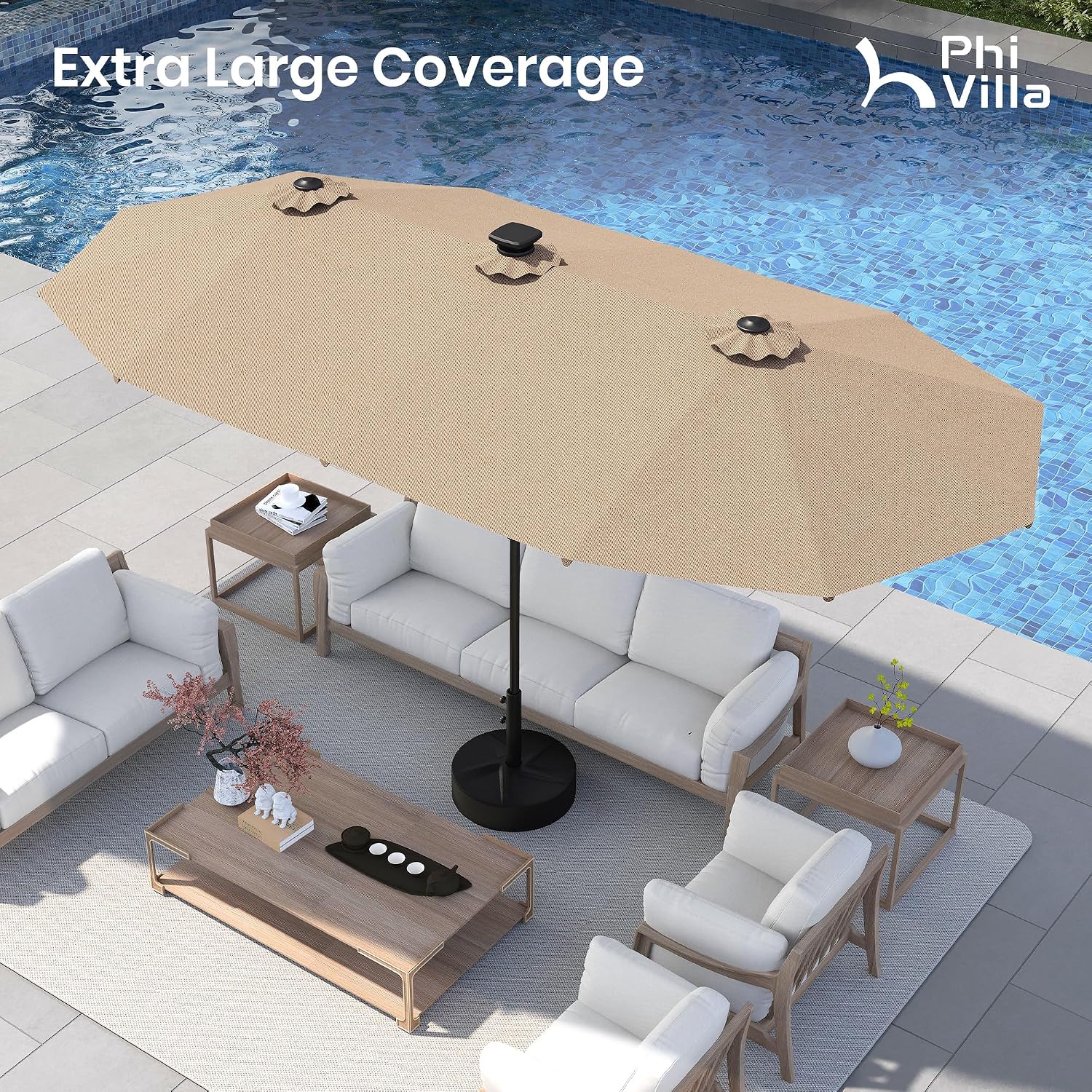 PHI VILLA 13ft Patio Umbrella with Solar-Powered 120 PCS LED Color-Changing Lights, Triple-Head Large Rectangle Umbrella Outdoor Patio for Table with Crank Lift,Beige(No Base)
