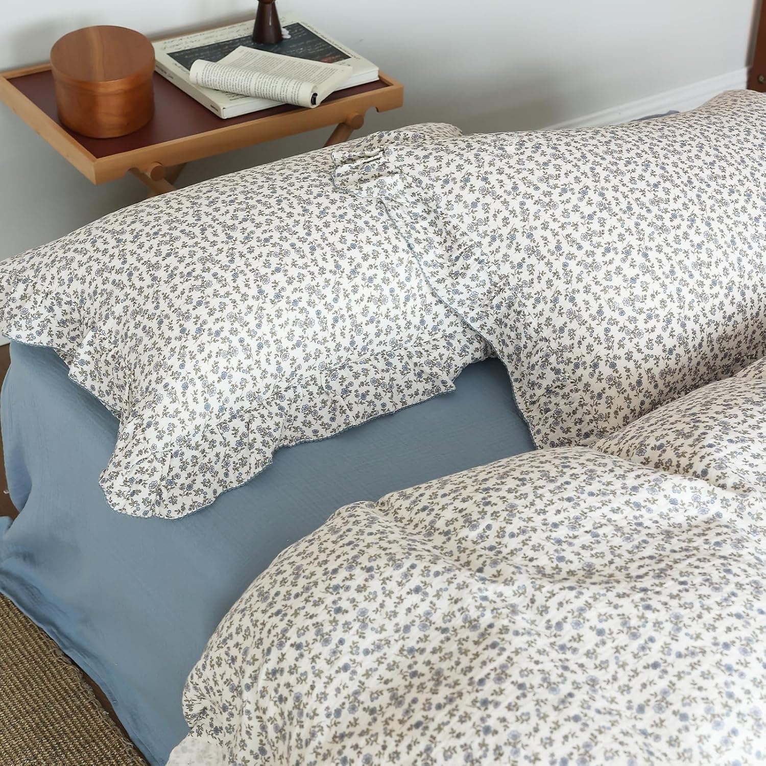 BuLuTu Blue Floral Print Duvet Cover King Size, Elegant Ruffles Bedding Set 3 Pieces, 100% Cotton Muslin Comforter Cover with 2 Pillowcases Soft Lightweight King Bed Set, Machine Wash