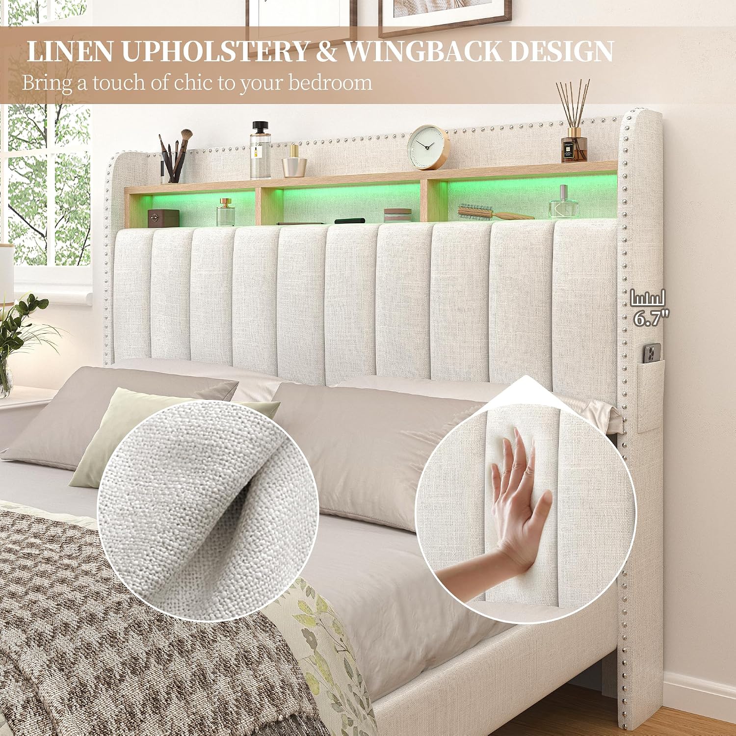 SIBEDS Full LED Bed Frame with 2 Drawers, Upholstered Platform Bed with 2 Tier Storage Wingback Headboard, Linen Channel Tufted Bedframe with Rivet Decor, No Box Spring Needed, Natural