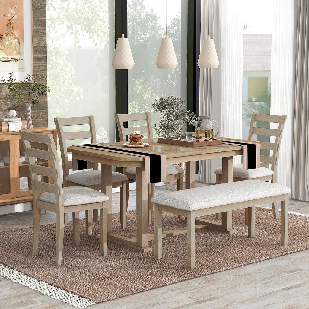 Solid Wood 6-Piece Dining Room Table Set with Beautiful Wood Grain Pattern Tabletop, Rustic Style Kitchen Dining Table Set with 4 Padded Ergonomic Chairs & a Bench (Natural Wash-Grain)
