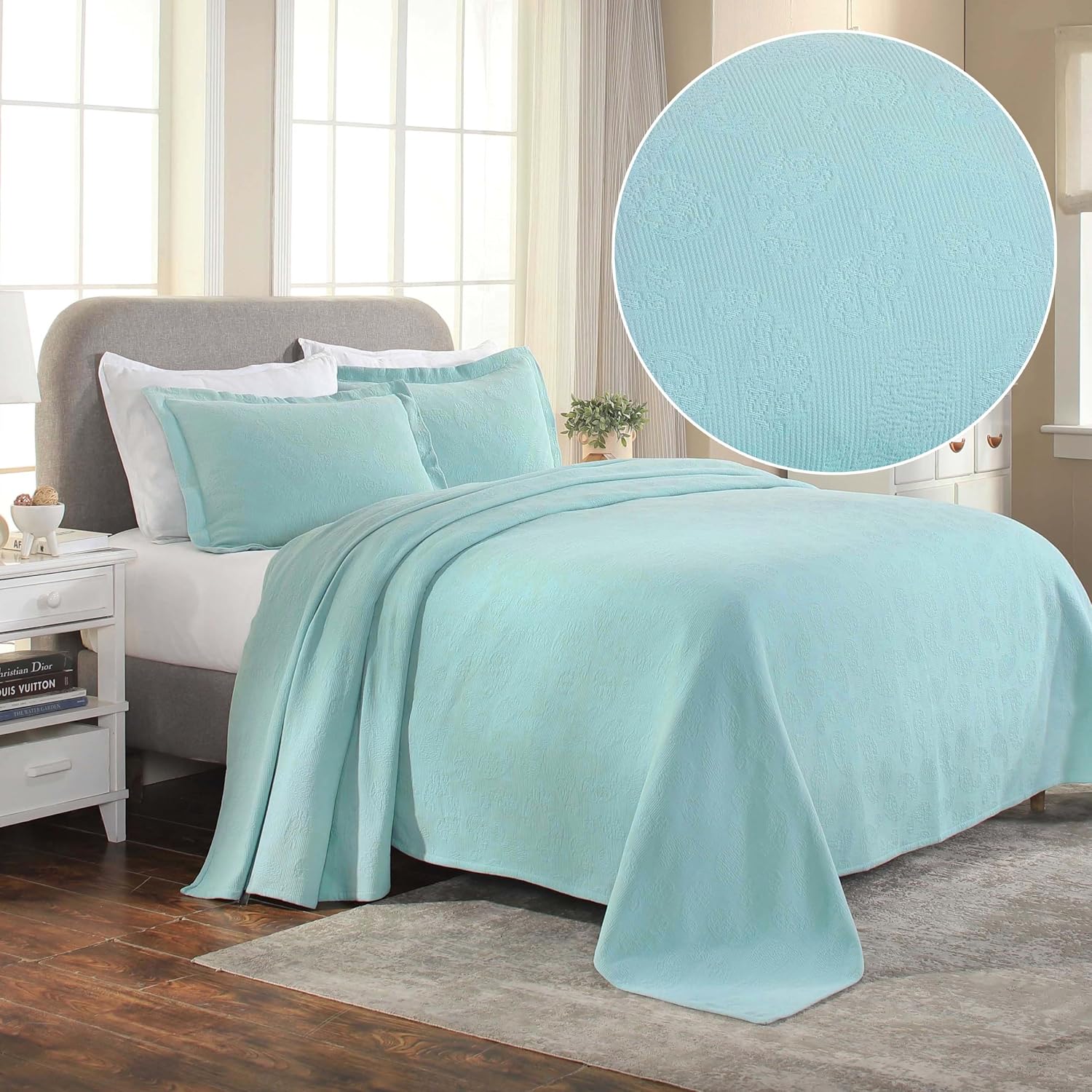 Superior Paisley Jacquard Matelasse Cotton Bedspread with Matching Shams, King, Aqua, 3 Pieces