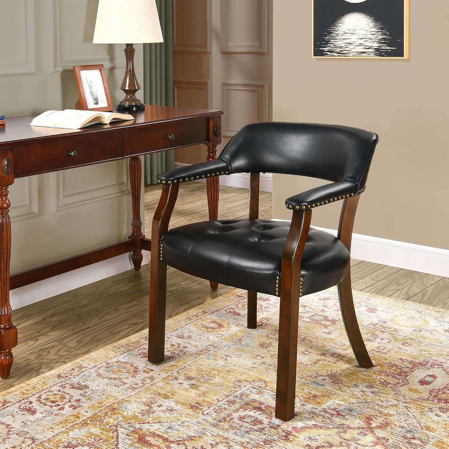 Set of 6 Solid Wood Dining Chairs with Upholstered,Office Desk Chair with Arms. Faux Leather Boss Captain's Chairs,Classic Accent Chairs for Living Room Cherry Walnut Legs & Black NX173D