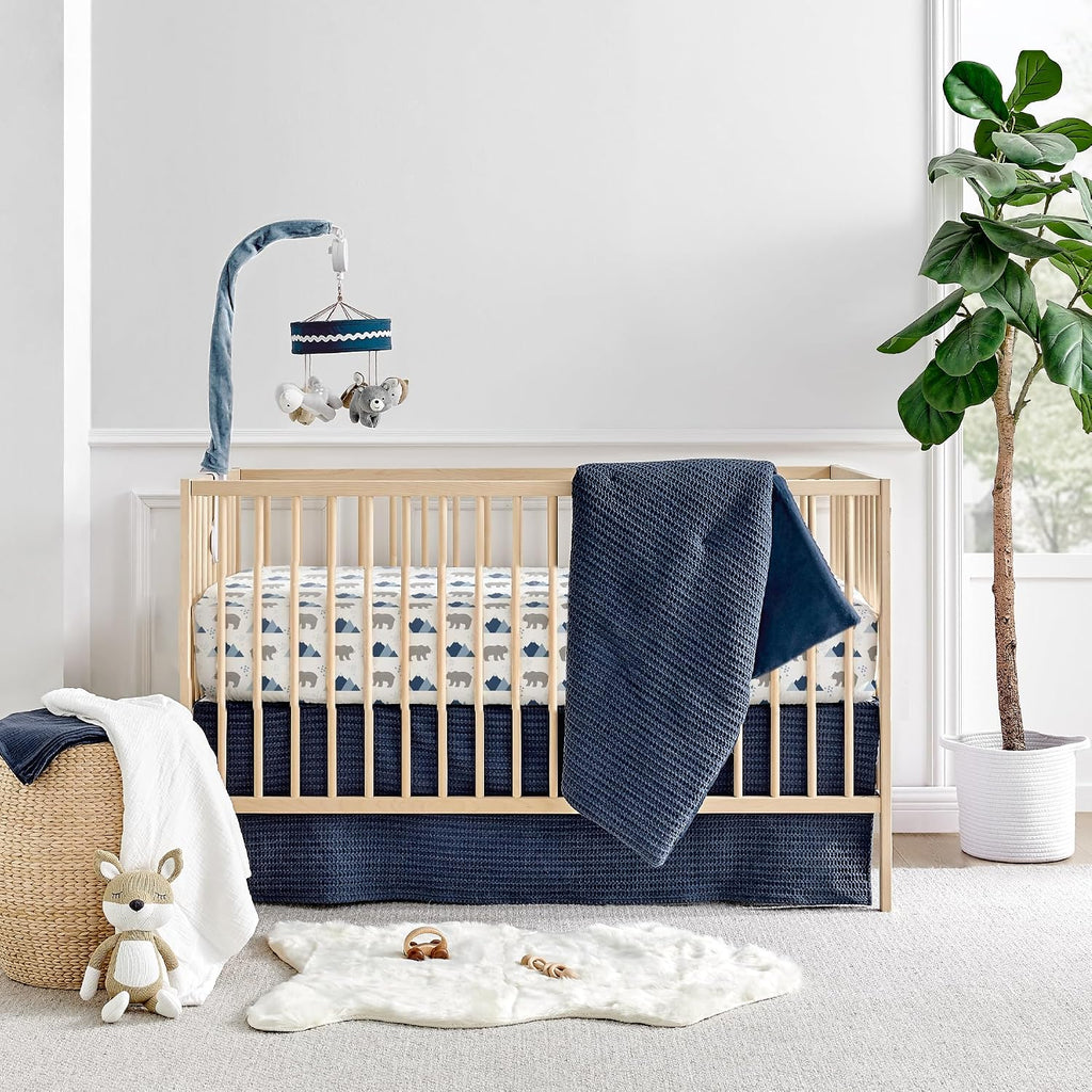 Levtex Baby - Mills Waffle Crib Bed Set - Baby Nursery Set - Navy - Navy Textured Waffle - 4 Piece Set Includes Quilt, Fitted Sheet, Dust Ruffle and Rope Basket