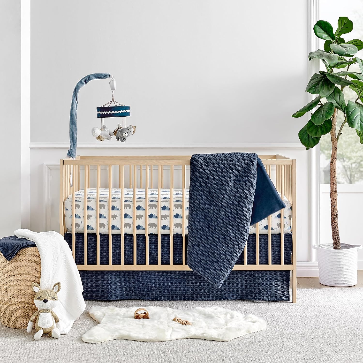 Levtex Baby - Mills Waffle Crib Bed Set - Baby Nursery Set - Navy - Navy Textured Waffle - 4 Piece Set Includes Quilt, Fitted Sheet, Dust Ruffle and Rope Basket