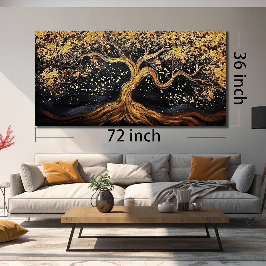 JKWALL77 Tree Of Life Hand Painting Wall Decor For Living Room Black And Gold Wall Decor For Office Tree Huge Canvas Wall Art For Bedroom Size 36 x 72 Inch